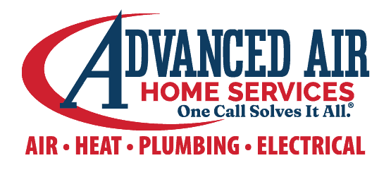 Advanced Air Home Services logo with slogan “One Call Solves It All.” Services listed: air, heat, plumbing, electrical. Bold red and blue text with graphic swoosh.