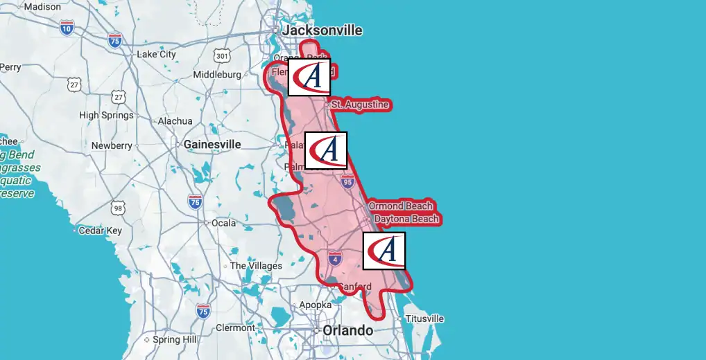 Map showing a highlighted region along Florida’s east coast from Jacksonville to south of Orlando, including St. Augustine and Daytona Beach, marked with letter “A” icons at three locations.