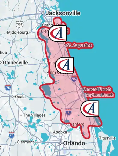 Map of northeastern Florida highlighting the Atlantic coast from Jacksonville to Titusville, with icons labeled “A” marking areas near St. Augustine and Daytona Beach.
