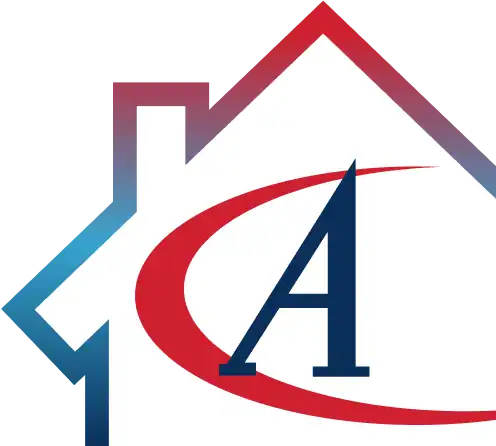 Outline of a house with a blue “A” inside and a red swoosh crossing through the letter. The roof has a gradient from blue to red.