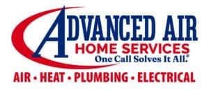 Advanced Air Home Services logo with slogan “One Call Solves It All.” Services listed: Air, Heat, Plumbing, Electrical. Text in blue and red with a stylized “A” and swoosh.
