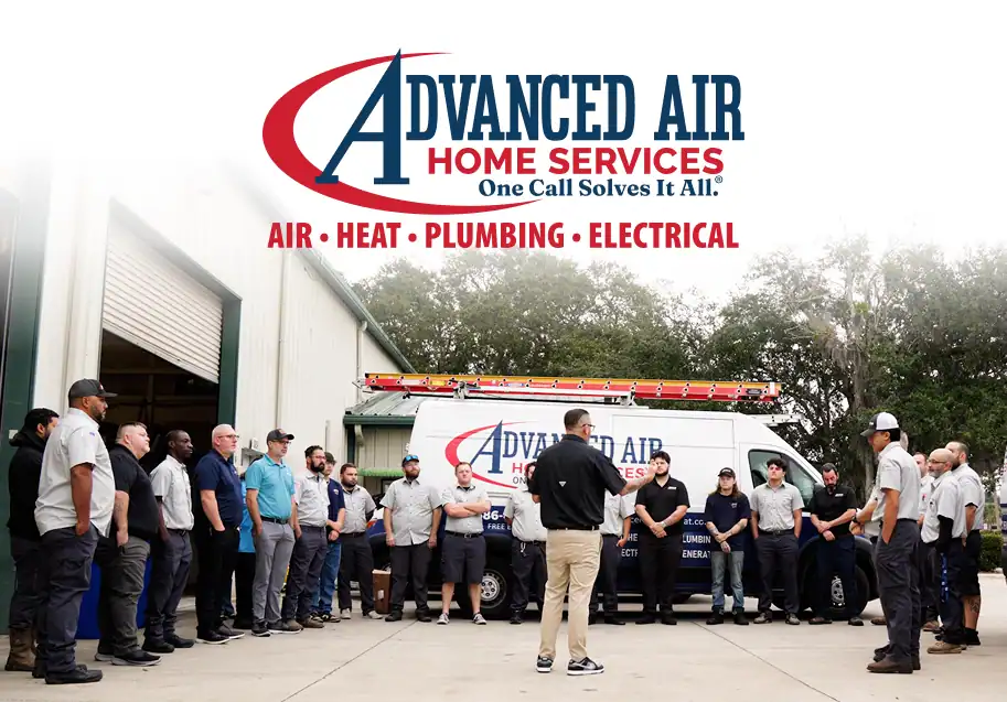 A group of workers stands in a semicircle around a man speaking in front of a van branded “Advanced Air Home Services” near a building.